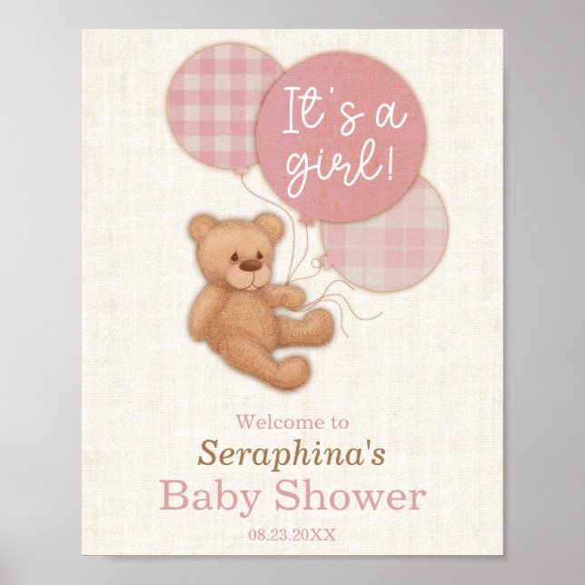 Pink Balloons Teddy Bear Baby Shower Welcome Poster (Front)