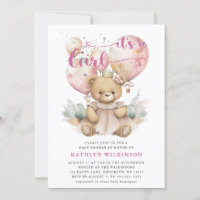 Pink Balloons Teddy Bear Floral Girl Baby Shower