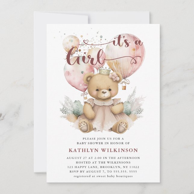 Pink Balloons Teddy Bear Floral Girl Baby Shower Invitation (Front)