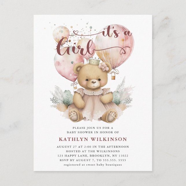 Pink Balloons Teddy Bear Floral Girl Baby Shower Invitation Postcard (Front)