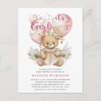Pink Balloons Teddy Bear Floral Girl Baby Shower