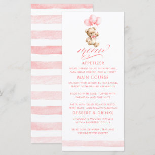 Pink Balloons Teddy Bear Girl Baby Shower  Menu