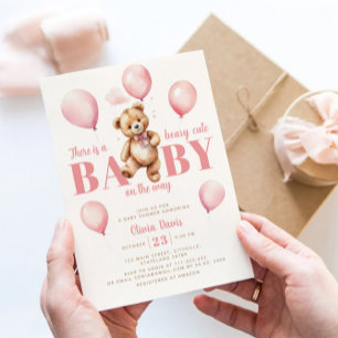 Pink Balloons Teddy Bear Girl Modern Baby Shower Invitation
