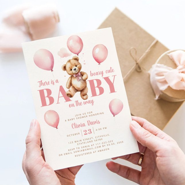 Pink Balloons Teddy Bear Girl Modern Baby Shower Invitation (Creator Uploaded)