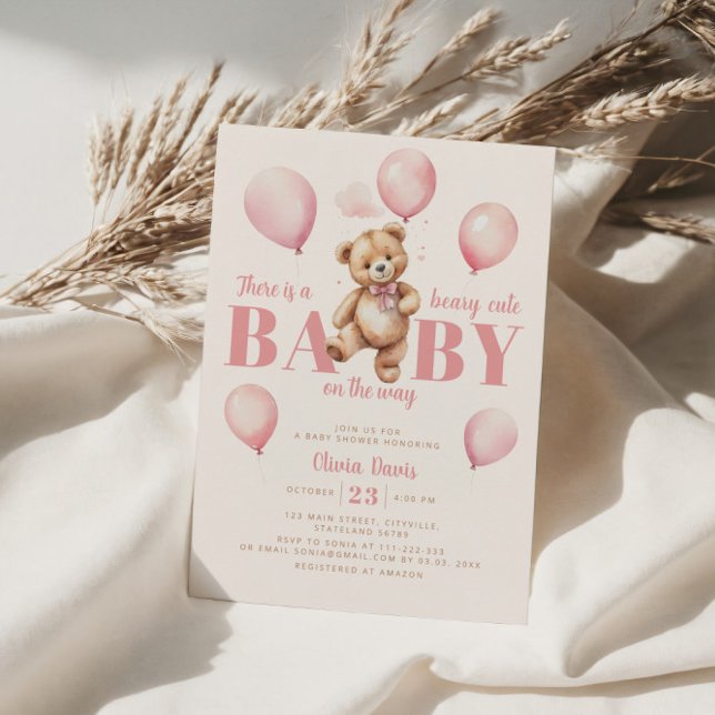 Pink Balloons Teddy Bear Girl Modern Baby Shower Invitation (Creator Uploaded)