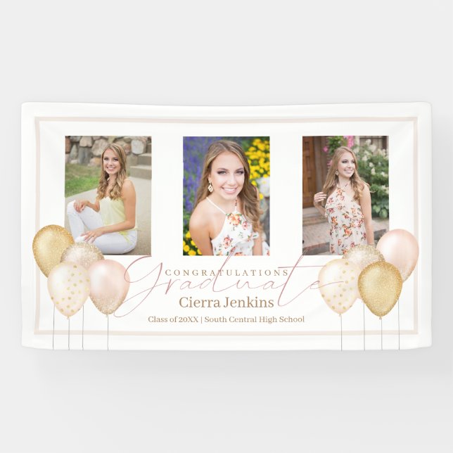Pink Balloons Three Photos Calligraphy Graduation Banner (Horizontal)