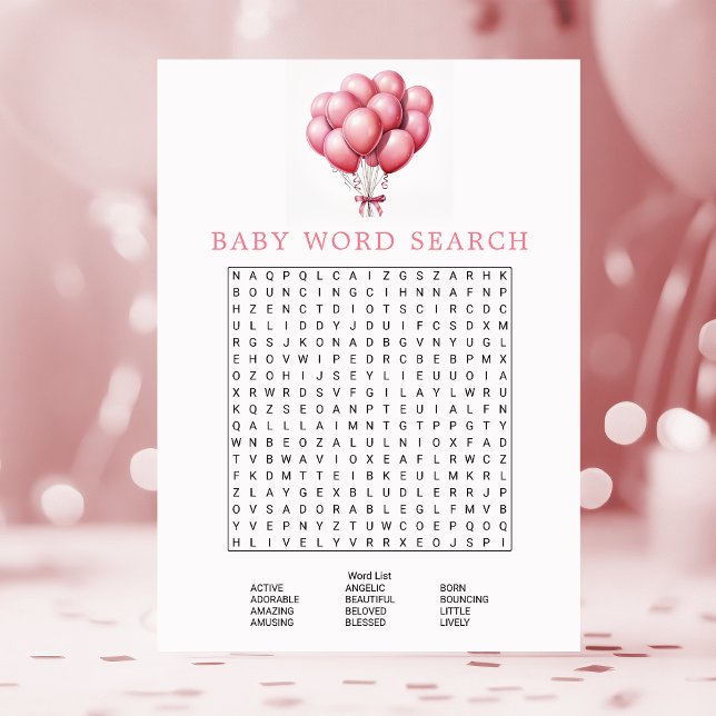 Pink Balloons Watercolor Baby Shower Word Search Invitation (Creator Uploaded)