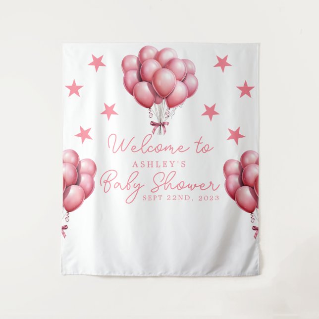Pink Balloons Watercolor Girl Baby Shower Backdrop Tapestry (Front)