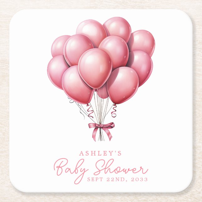 Pink Balloons Watercolor Girl Baby Shower Square Paper Coaster (Front)