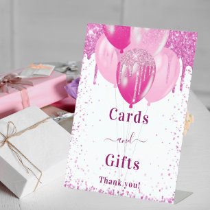 Pink balloons white guest party cards gifts pedestal sign