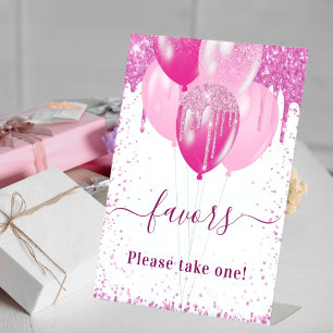 Pink balloons white guest party favours pedestal sign