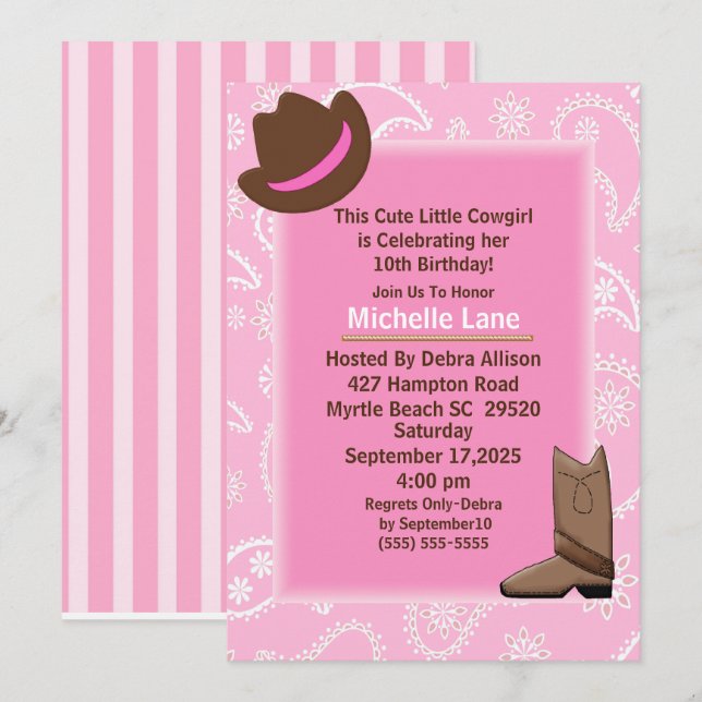 Pink Bandanna Cow Girl Birthday Party Invitation (Front/Back)