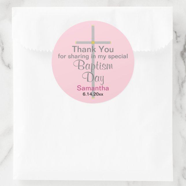 Pink Baptism Daughter Silver Cross Thank You Classic Round Sticker (Bag)
