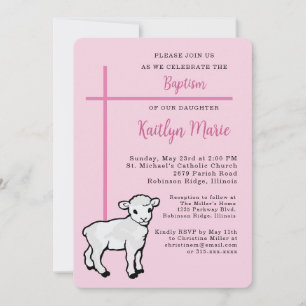 Pink Baptism for Daughter Cross Little Lamb Invitation