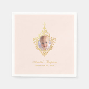 Pink Baptism Girl Photo Faux Gold Cross Vintage Napkin