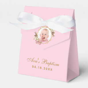 Pink Baptism Girl Photo Orchids Script Gold Floral Favour Box