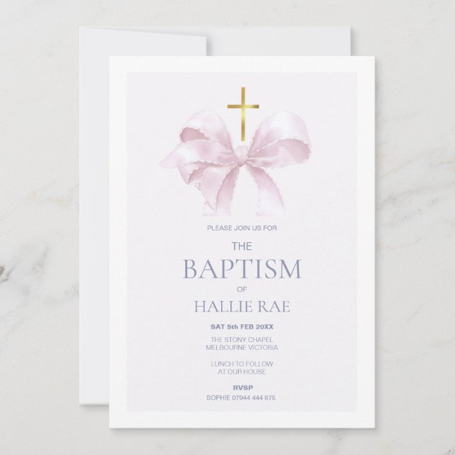 Pink Baptism Invitation Modern Pink Bow (Front)