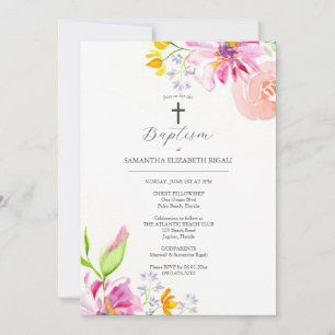 Pink Baptism Invitations Godparents Name Flowers