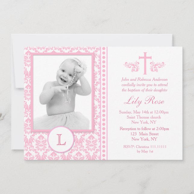 Pink Baptism Photo Invitations (Front)