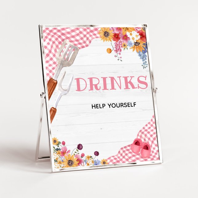 Pink Barbeque Baby Shower Drinks Sign (Girl Baby-Q Baby Shower Drinks Sign)