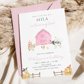 Pink Barn 2nd Birthday Party, Girl Farm B'day Invitation