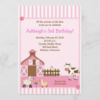 Pink Barn Animal Farm yard Birthday Invitations