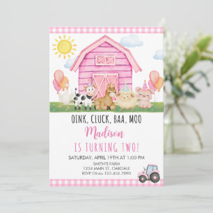 Pink Barn Animals with Party Hats Farm Birthday  Invitation