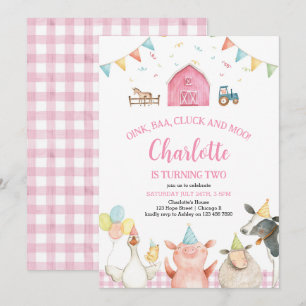 Pink Barn Farm Animals Barnyard Girl 2nd Birthday Invitation