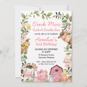 Pink Barn Farm Animals Girl's Birthday Invitation