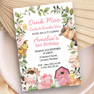 Pink Barn Farm Animals Girl's Birthday Invitation
