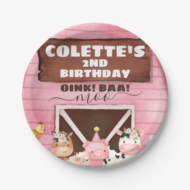 Pink Barn Oink Baa Moo Farm Animals Birthday Paper Plate (Front)