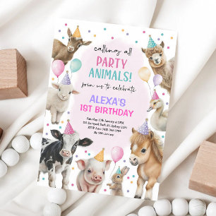 Pink Barnyard Animals Girl Birthday Invitation