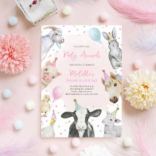 Pink Barnyard Birthday Girl Farm Animal Invitation