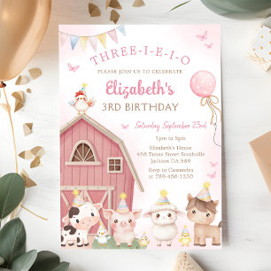 Pink Barnyard Farm Animal Three-i-e-i-o Birthday  Invitation