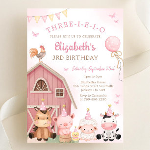 Pink Barnyard Farm Animal Three-i-e-i-o Birthday Invitation
