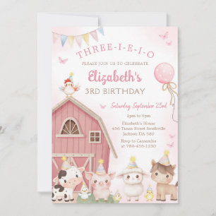 Pink Barnyard Farm Animal Three-i-e-i-o Birthday  Invitation