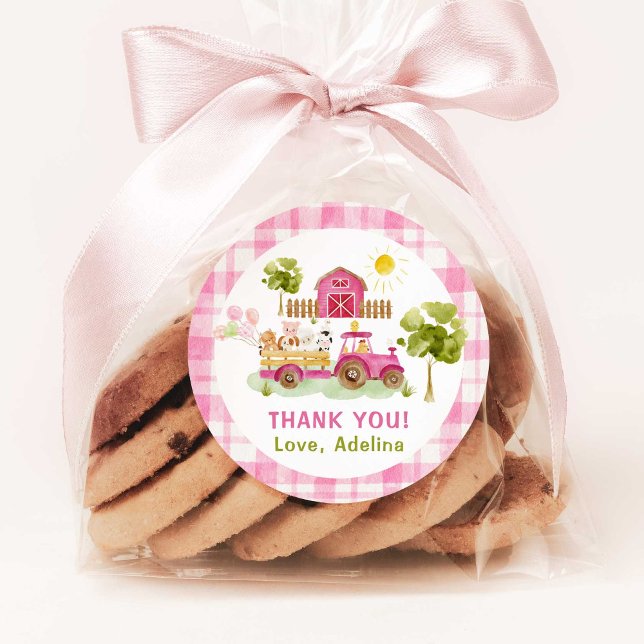 Pink barnyard farm animals birthday classic round sticker (Creator Uploaded)