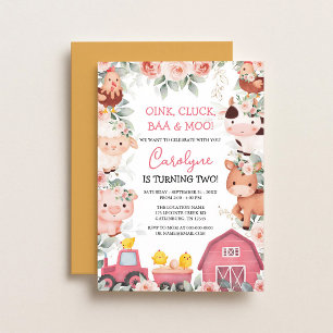 Pink Barnyard Girl Farm Animals Birthday Invitation