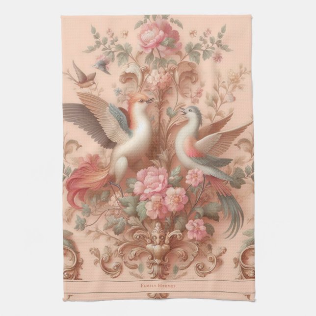Pink Baroque Rococo Flower Morris  Tea Towel (Vertical)