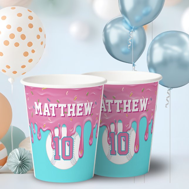 Pink Baseball Drip Birthday Paper Cups (Pink baseball drip paper party cups)