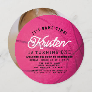 Pink Basketball Girl Photo 1st Birthday Circle Invitation