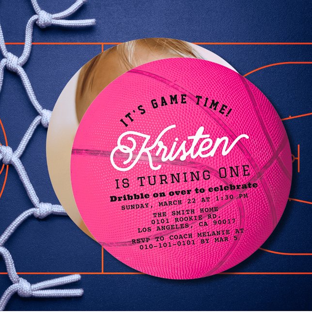 Pink Basketball Girl Photo 1st Birthday Circle Invitation (Creator Uploaded)