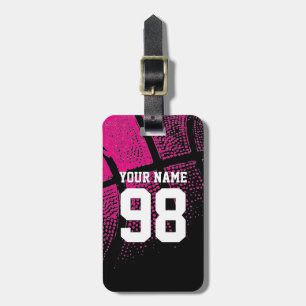 Pink basketball luggage tag with jersey number