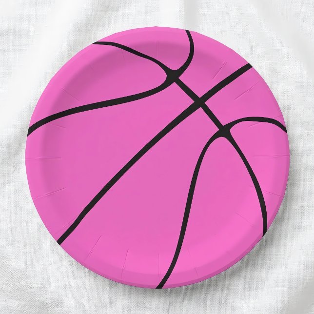 Pink Basketball Paper Plates (Pink basketball paper plates for basketball parties and celebrations, on a white tablecloth.)