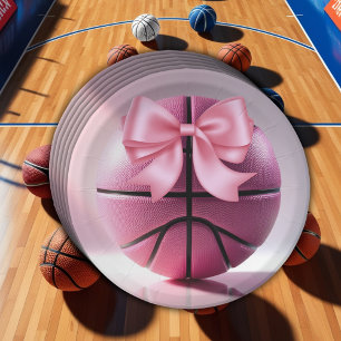 Pink Basketball Ribbon Bow Ball Baby Shower Paper Plate