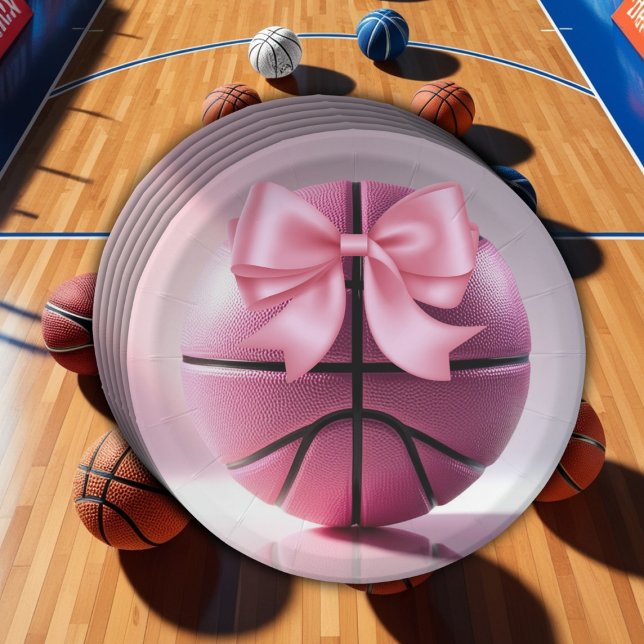 Pink Basketball Ribbon Bow Ball Baby Shower  Paper Plate (Creator Uploaded)