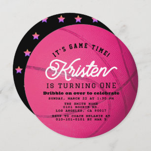 Pink Basketball Shape Girl 1st Birthday Circle Invitation