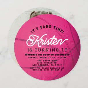 Pink Basketball Shape Photo Girl Birthday Circle Invitation