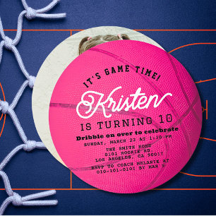 Pink Basketball Shape Photo Girl Birthday Circle Invitation