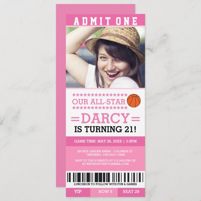Pink Basketball Ticket Birthday Invites (Front/Back)